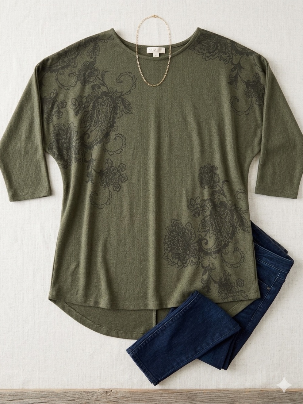 Olive Green Floral Graphic Women’s High-Low Tunic Top